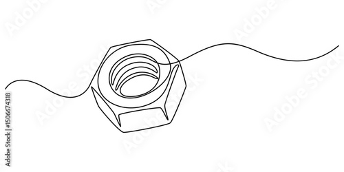bolt nut continuous line vector illustration, Nut one line drawing vector. Nut continuous line drawing vector. Nut a single line drawing. Background contour line Nut vector, Female screw, metal nut.