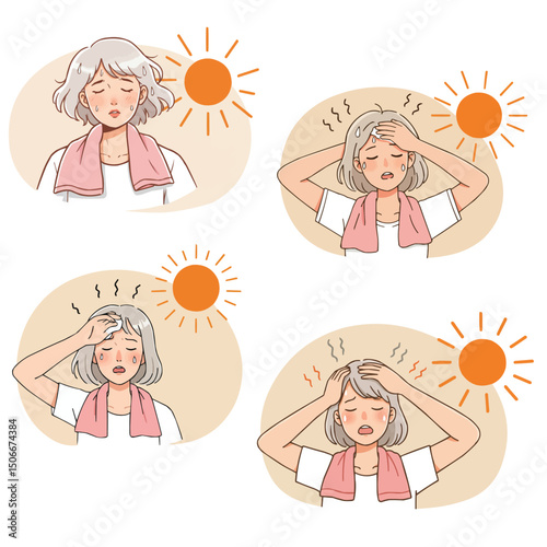 A cartoon vector illustration of a child angel feeling hot under the scorching sun. The overall style is simple and illustrative, conveying the feeling of being hot under the sun.