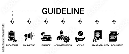 Guideline banner web icon set vector illustration concept with icon of rule, procedure, legal document, standard, administration, advice, finance, marketing