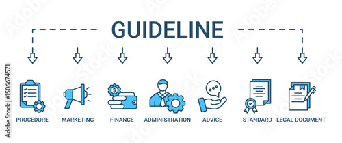 Guideline banner web icon set vector illustration concept with icon of rule, procedure, legal document, standard, administration, advice, finance, marketing