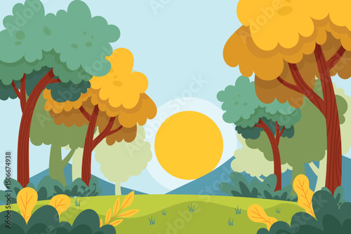  Cartoon Mountain Valley Sunrise Landscape