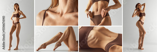 Beauty collage. Minimal harmony. Slim woman in brown underwear revealing collarbones, tight waist and elegant form against soft gray backdrop. Concept of diet, sculpted body, skincare, wellness