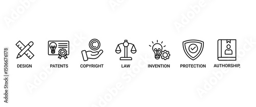 Intellectual property banner web icon set vector illustration concept for trademark with icon of design, patents, invention, authorship, law, copyright, protection, and brand
