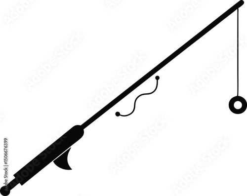 black fishing rod silhouette vector, Fishing rod with fishing line float and hook vector illustration