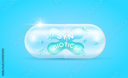 Synbiotic blue green in translucent capsule. Good bacterial flora for stomach and intestine. Biology lactobacillus. Health care immunity support. Healthy nutrition. Vector.