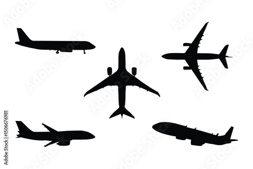 A black and white plane illustration. Airplanes silhouette black.