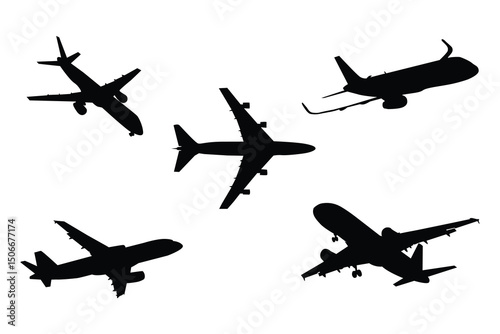 A black and white plane illustration. Airplanes silhouette black.