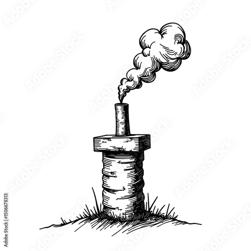 Smoke rising from chimney with alert symbol, monochromatic concept