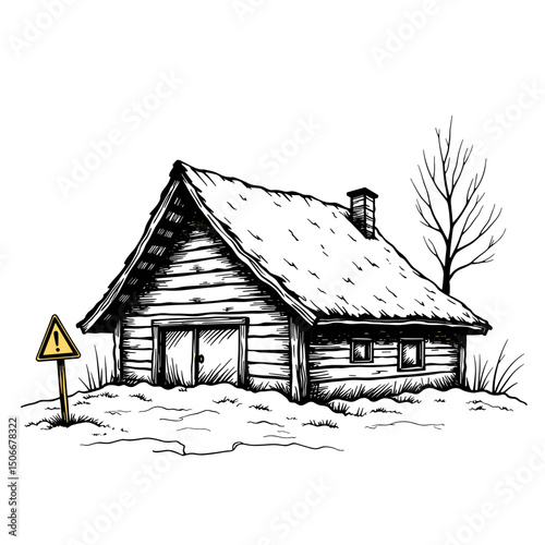 Snow-covered house with warning sign in black and white, caution
