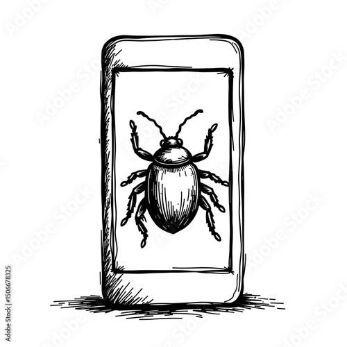Sketch of bug within mobile app icon, digital warning concept