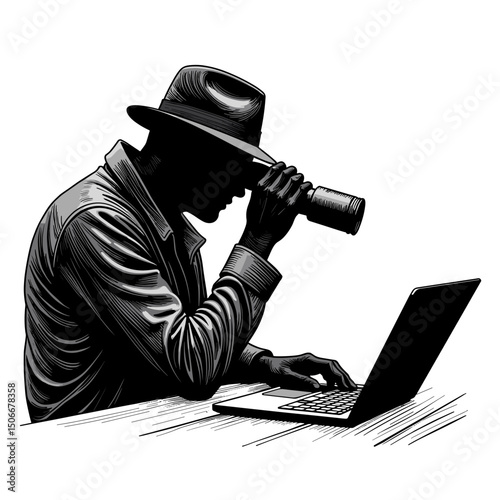 Spy silhouette observing laptop with binoculars, digital secrecy