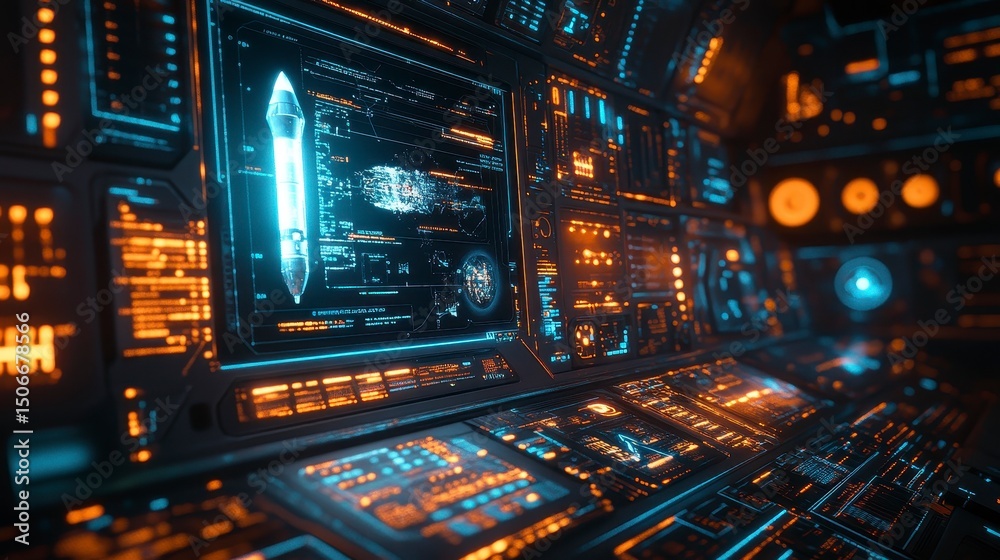 Obraz premium Futuristic Control Panel with Neon Lights and Complex Interface Design