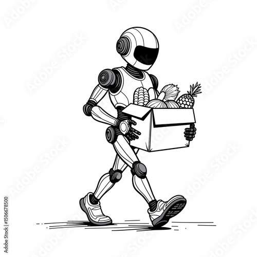 Robot carrying groceries from delivery box, modern convenience