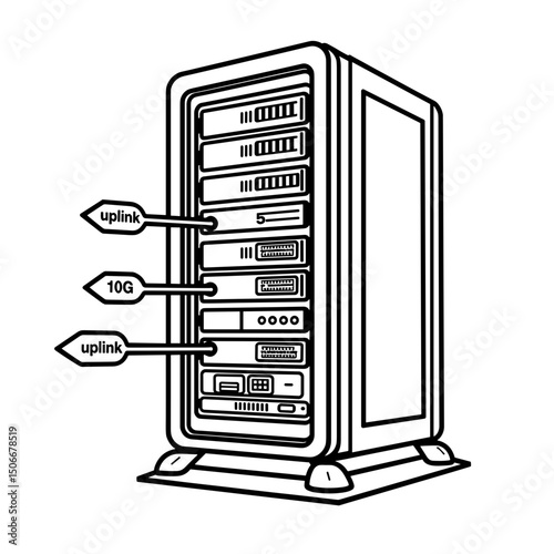 Detailed line art of server rack with uplink arrows, technology concept