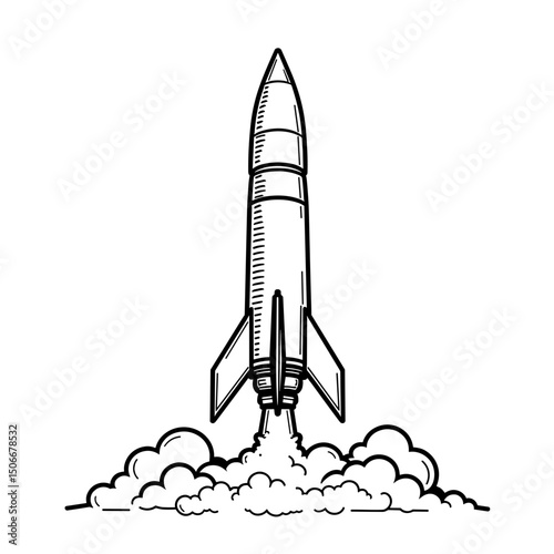 Rocket launcher launching with precision updates on white background, innovation