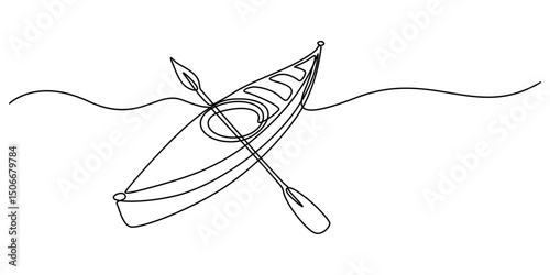 Vector illustration of kayak canoe rowboat sailboat yacht isolated on white background, Single line drawing of canoe trails and rafting club with kayaking equipment, boat icon continuous one line draw