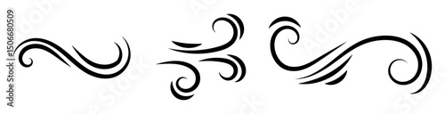 Wind air line effect in doodle style. Hand drawn swirl speed waves, air flow, stormy winds and curve smoke. Set of motion of hurricanes, autumn gusts, and summer breezes, vector illustration.