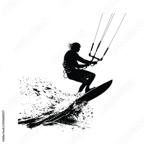 A kite surfer catching air above the wave isolated vector black silhouette