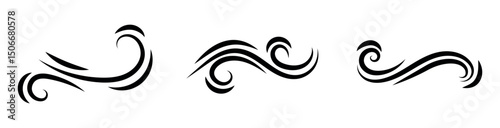 Wind air line effect in doodle style. Hand drawn swirl speed waves, air flow, stormy winds and curve smoke. Set of motion of hurricanes, autumn gusts, and summer breezes, vector illustration.