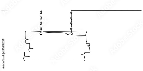 wood board continuous one line drawing, cartoon wood board, Old weathered wood signboard, wooden sign board hang on a rope, wood blank panel, cutout.