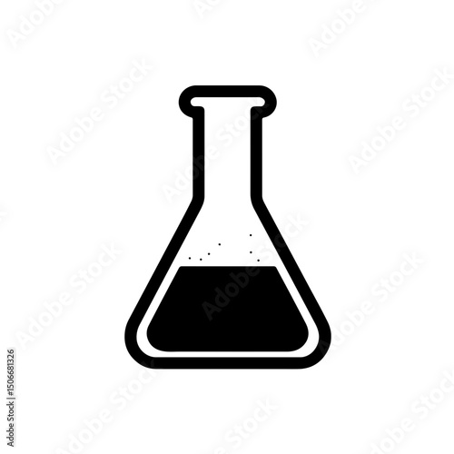 Erlenmeyer Flask Icon - Chemistry Lab Glassware Symbol. A clean and clear line art illustration of an Erlenmeyer flask, partly filled with liquid and featuring subtle bubbles