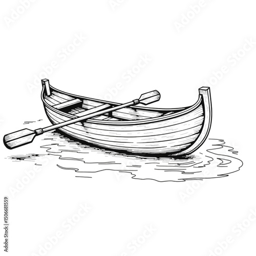 Illustration of a wooden rowboat with oars floating on the water in a minimalist style