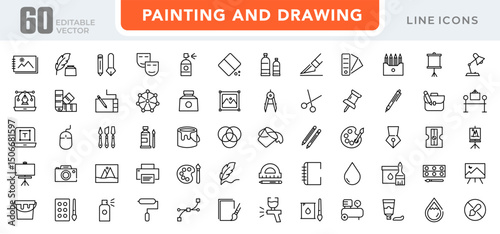 Painting and drawing linear icon set. Brush, graphic design, Spray, color palette, paint bucket, creativity, art work, paintbrush, repair, artist outline icon collection. UI thin vector icon