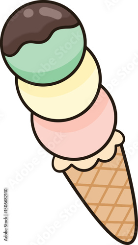 3 scoops of lemon curd ice cream cone topped with chocolate sauce, vanilla and strawberry