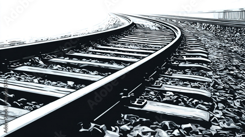 白黒で描かれたカーブする鉄道線路のアート