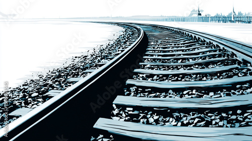白黒で描かれたカーブする鉄道線路のアート
