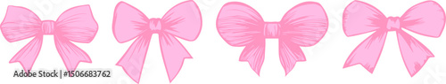 Set of pink flirty vintage satin bows.Y2k aesthetic ribbon, elegant accessory, pastel tie isolated on white background.