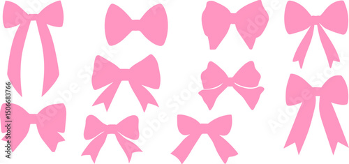 Set of pink flirty vintage satin bows.Y2k aesthetic ribbon, elegant accessory, pastel tie isolated on white background.