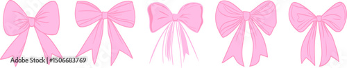 Set of pink flirty vintage satin bows.Y2k aesthetic ribbon, elegant accessory, pastel tie isolated on white background.