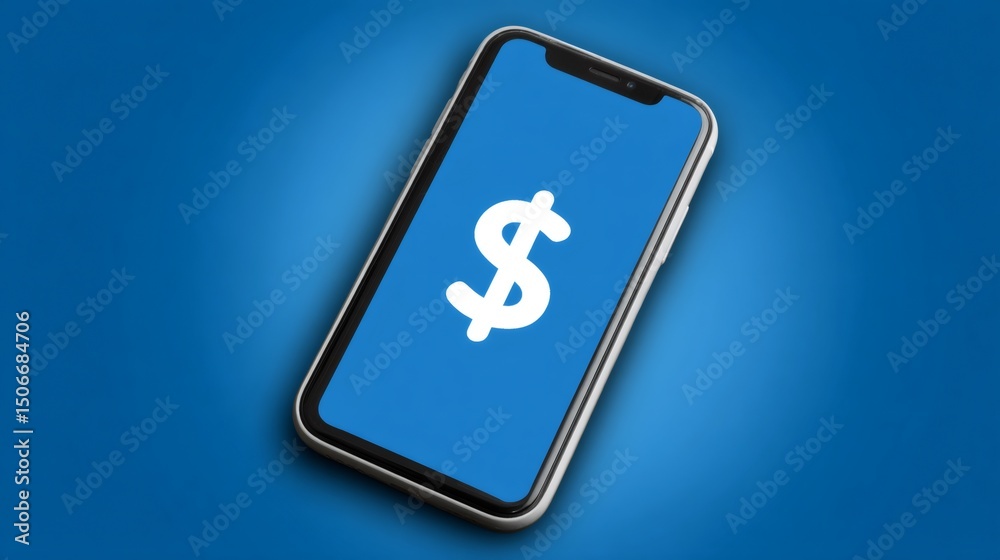 Obraz premium Smartphone showing dollar sign on blue background, mobile payment and online banking concept
