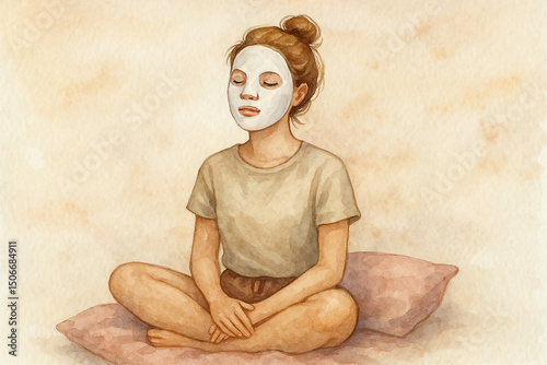 Woman meditating with a face mask, in a calm pose, for self-care and wellness illustrations