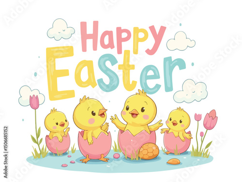Cartoon baby chicks peeking out of cracked eggs with fluffy clouds, hand-drawn doodle style, bold outlines (6).eps