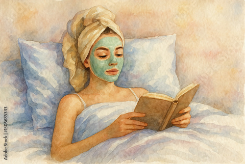 Woman relaxing in bed with face mask, reading a book, with copy space