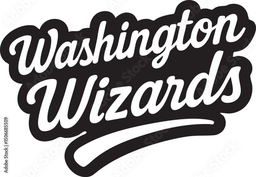 Logo of the Washington Wizards, featuring sleek black and white lettering with a custom swoosh, perfect for sports branding and fan apparel