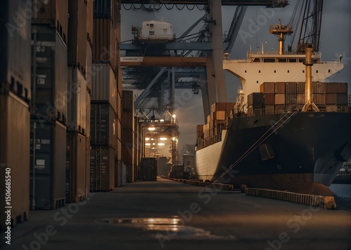 Container cargo ship at international industrial seaport, Global business logistic maritime, Container cargo ship freight shipping supply chain, Container cargo ship sea freight import export logistic photo