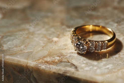 Closeup View Of Exquisite Gold Ring With Gems On Marble