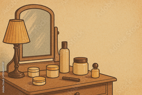 Vintage cosmetics, illustrated in warm tones, for beauty blogs