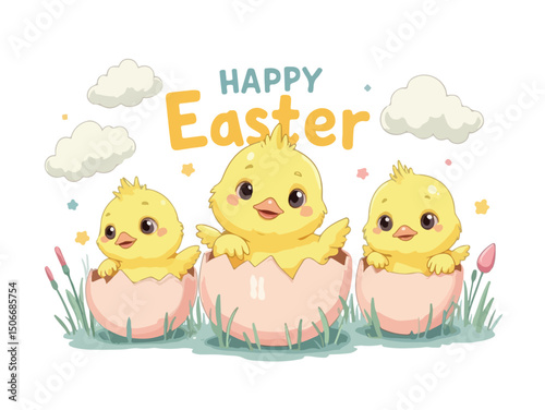 Cartoon baby chicks peeking out of cracked eggs with fluffy clouds, hand-drawn doodle style, bold outlines (2).eps