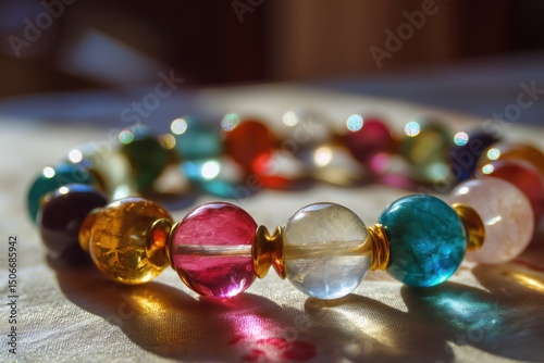 Colorful Gemstone Bracelet With Round Beads On White Background
