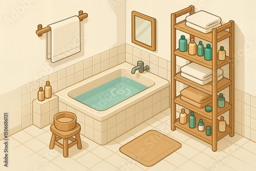 Relaxing bathroom interior, isometric illustration, in warm colors, for wellness websites