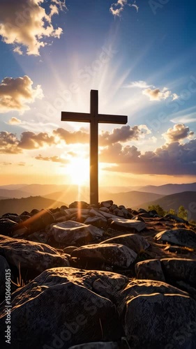Cross silhouette on a rocky hilltop against a vibrant sunset sky with golden light rays and soft clouds over rolling hills, symbolizing faith, spirituality, and hope