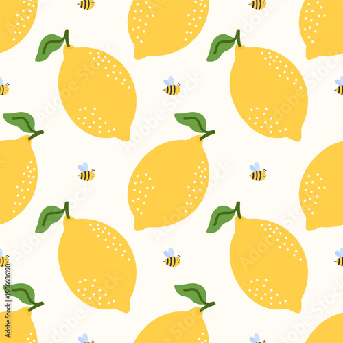 Seamless lemon pattern with kawaii citrus fruits and flowers. Bright and cheerful background for summer textiles