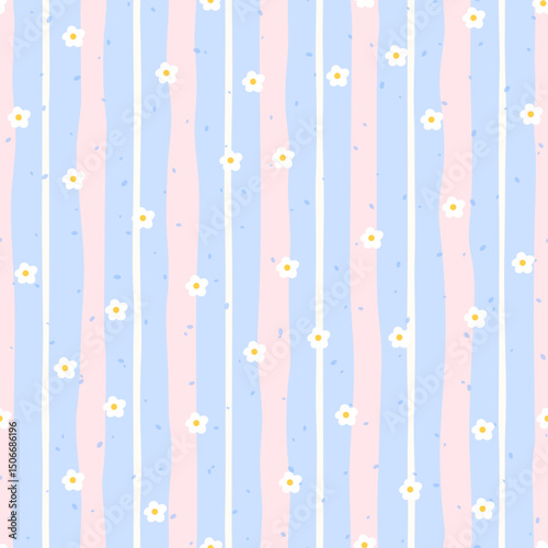 Vector floral seamless pattern featuring chamomile and gingham plaid. Kawaii and charming, ideal for summer fabric and wrapping