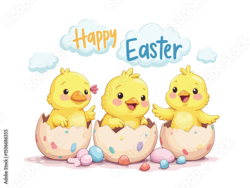 Cartoon baby chicks peeking out of cracked eggs with fluffy clouds, hand-drawn doodle style, bold outlines (5).eps
