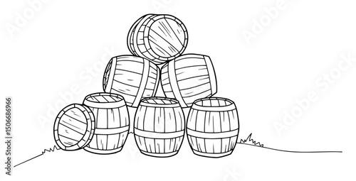 wooden barrels cartoon outline vector drawing