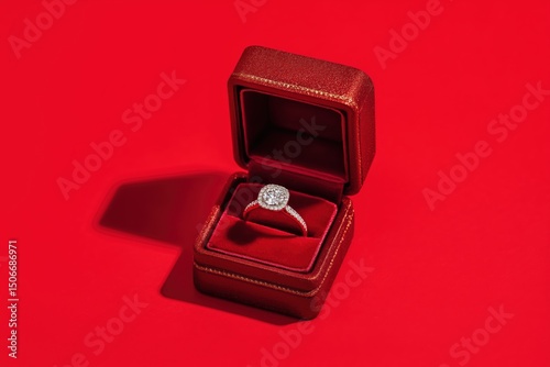 Diamond Engagement Ring In Red Gift Box Close Up